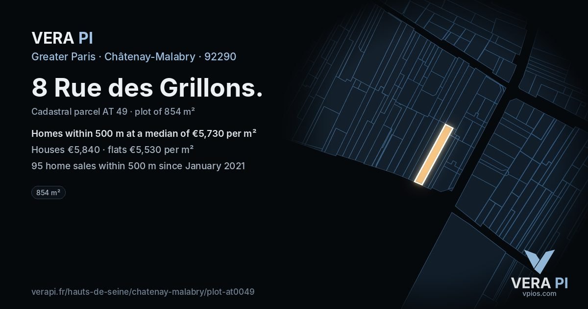8 Rue des Grillons, Châtenay-Malabry at night – the plot lit, the parcels around coloured by the prices near them