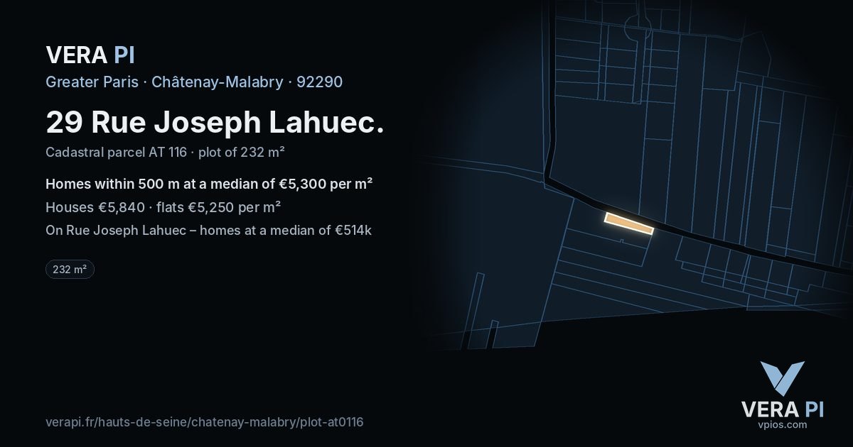 29 Rue Joseph Lahuec, Châtenay-Malabry at night – the plot lit, the parcels around coloured by the prices near them