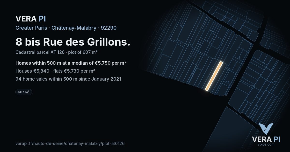 8 bis Rue des Grillons, Châtenay-Malabry at night – the plot lit, the parcels around coloured by the prices near them
