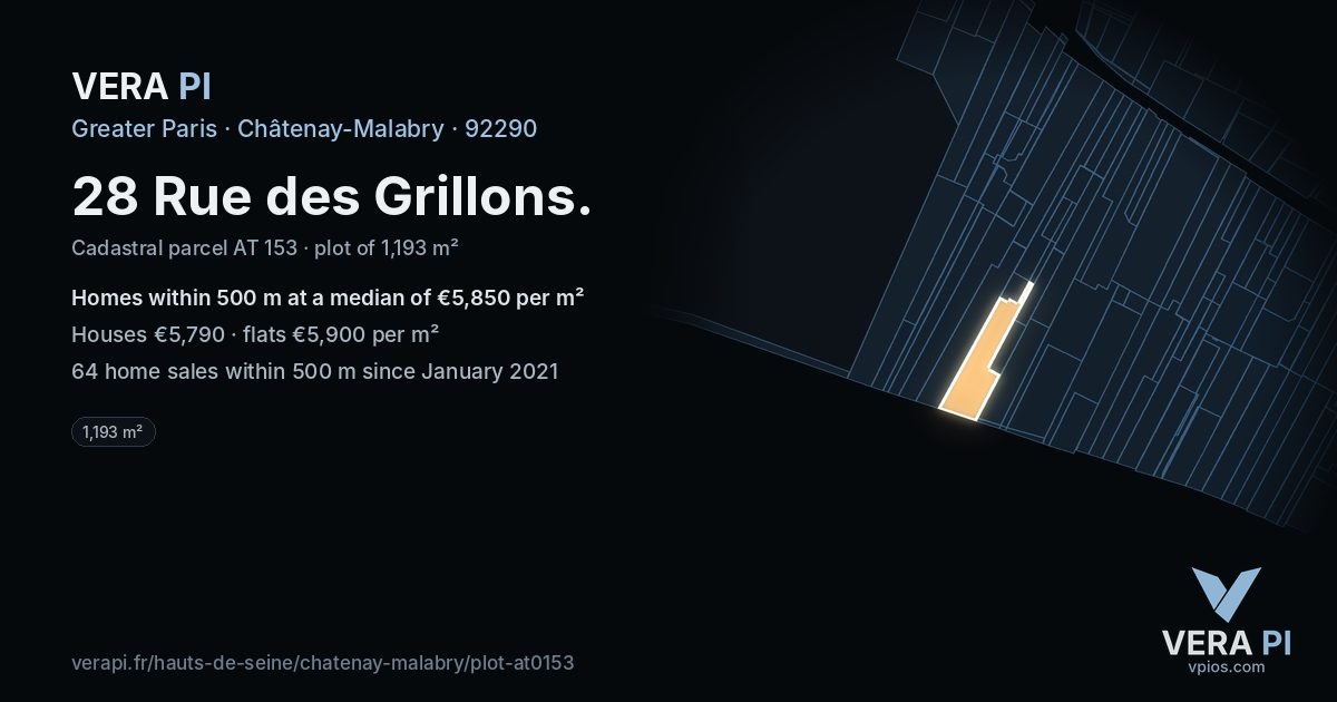 28 Rue des Grillons, Châtenay-Malabry at night – the plot lit, the parcels around coloured by the prices near them