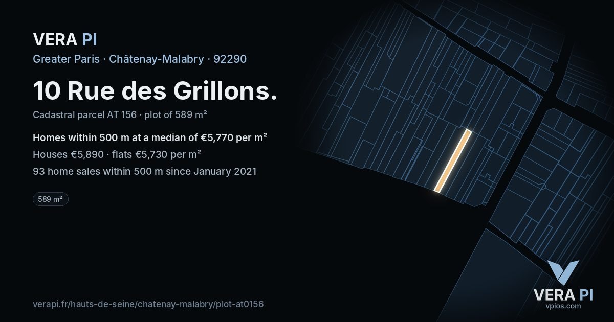 10 Rue des Grillons, Châtenay-Malabry at night – the plot lit, the parcels around coloured by the prices near them
