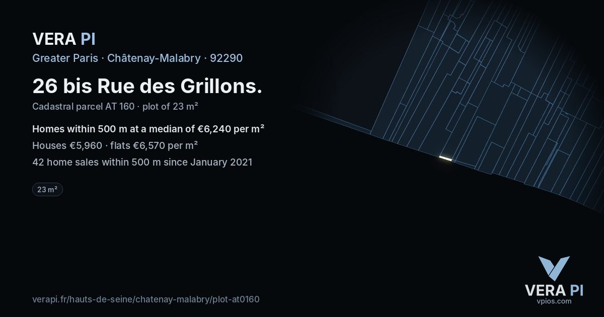 26 bis Rue des Grillons, Châtenay-Malabry at night – the plot lit, the parcels around coloured by the prices near them