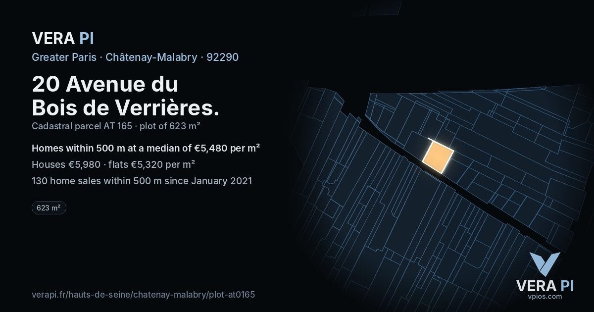 20 Avenue du Bois de Verrières, Châtenay-Malabry at night – the plot lit, the parcels around coloured by the prices near them