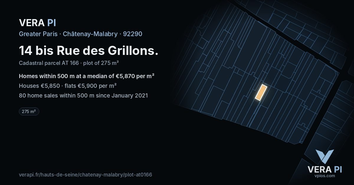 14 bis Rue des Grillons, Châtenay-Malabry at night – the plot lit, the parcels around coloured by the prices near them