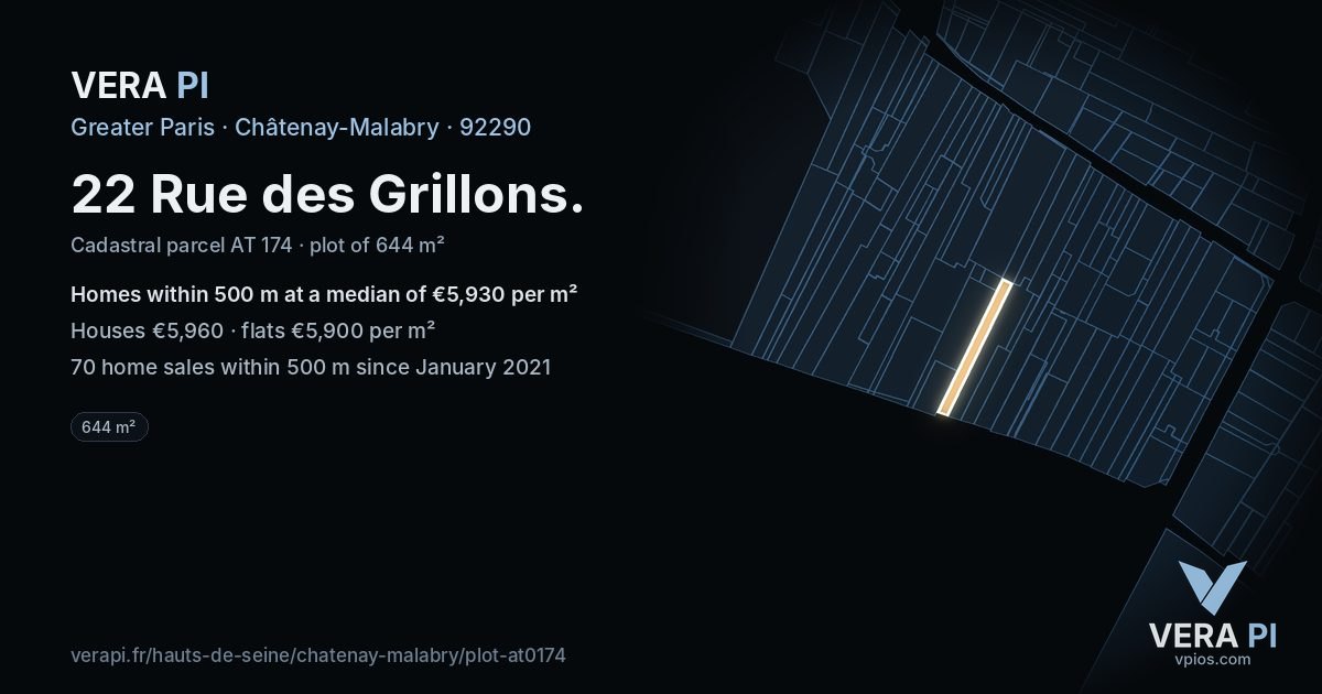 22 Rue des Grillons, Châtenay-Malabry at night – the plot lit, the parcels around coloured by the prices near them