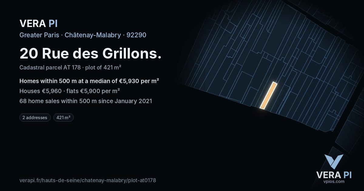 20 Rue des Grillons, Châtenay-Malabry at night – the plot lit, the parcels around coloured by the prices near them