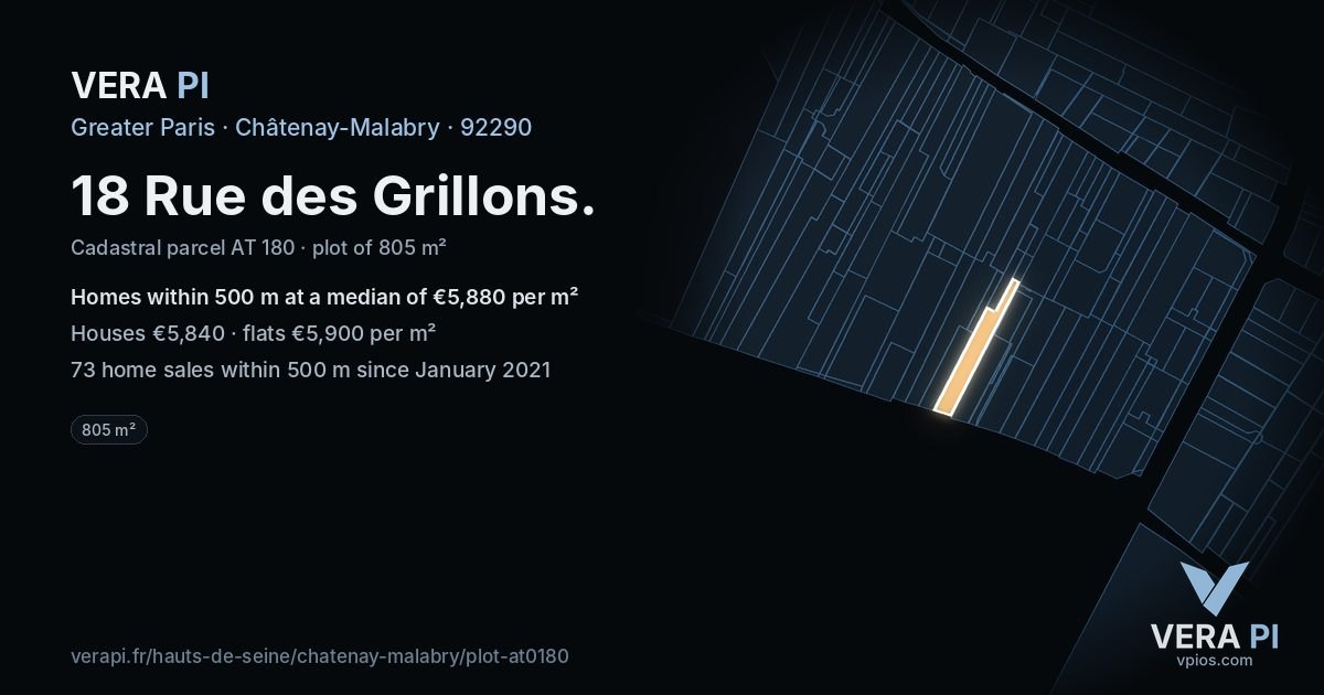 18 Rue des Grillons, Châtenay-Malabry at night – the plot lit, the parcels around coloured by the prices near them