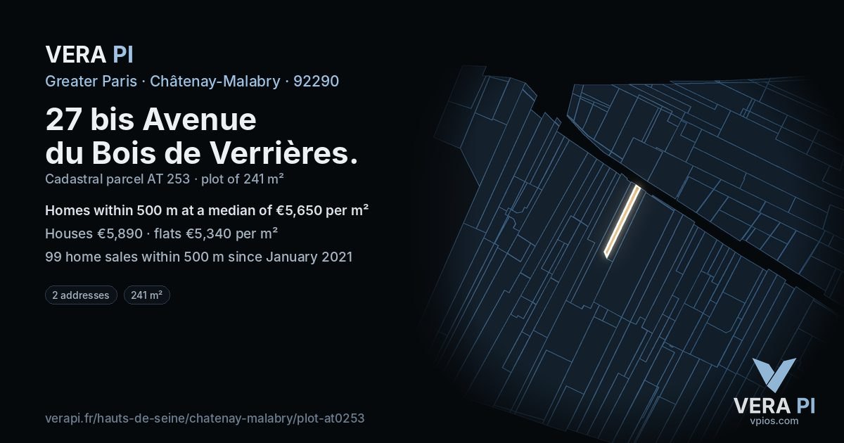 27 bis Avenue du Bois de Verrières, Châtenay-Malabry at night – the plot lit, the parcels around coloured by the prices near them