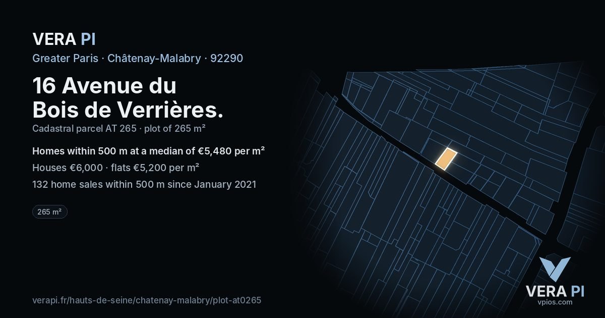 16 Avenue du Bois de Verrières, Châtenay-Malabry at night – the plot lit, the parcels around coloured by the prices near them