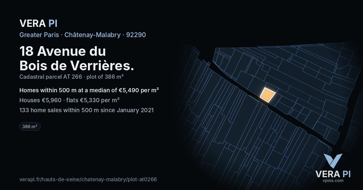 18 Avenue du Bois de Verrières, Châtenay-Malabry at night – the plot lit, the parcels around coloured by the prices near them