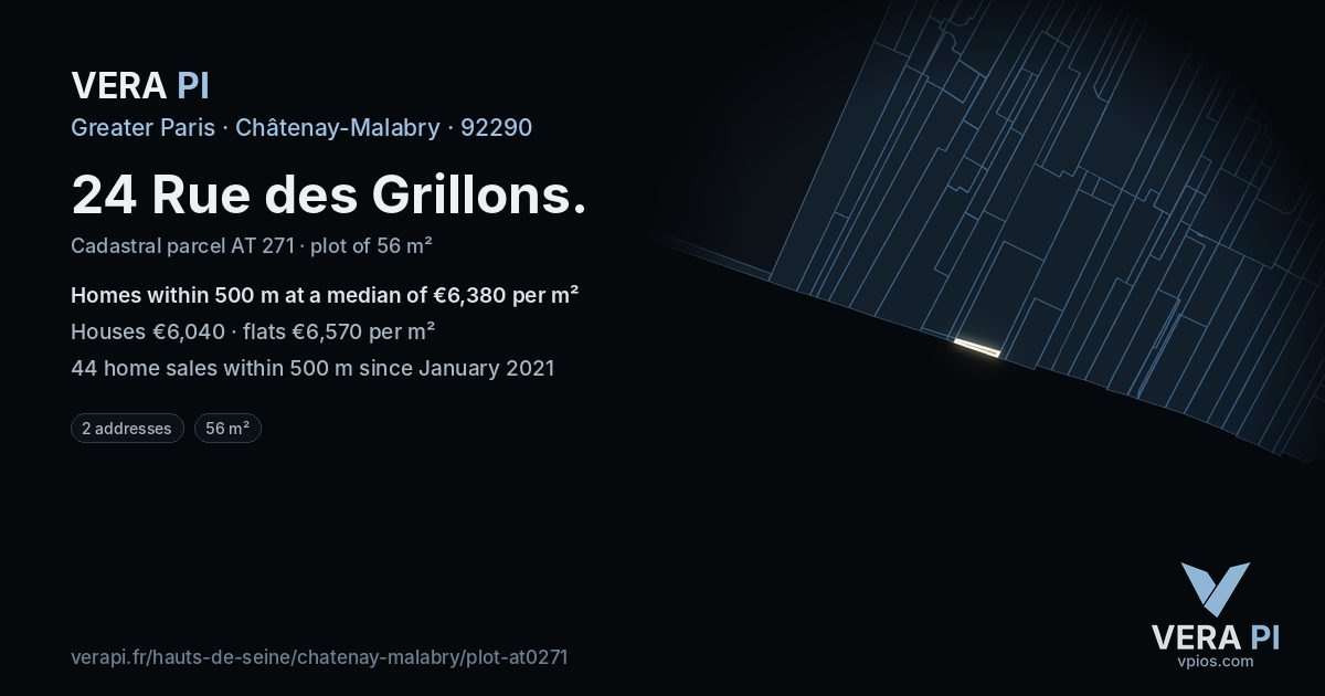 24 Rue des Grillons, Châtenay-Malabry at night – the plot lit, the parcels around coloured by the prices near them
