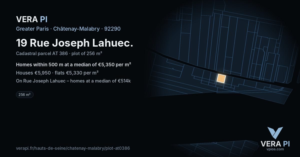 19 Rue Joseph Lahuec, Châtenay-Malabry at night – the plot lit, the parcels around coloured by the prices near them