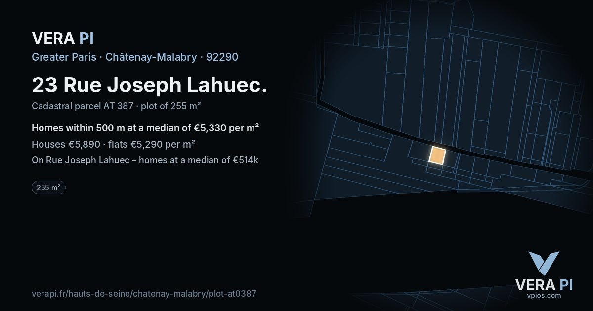 23 Rue Joseph Lahuec, Châtenay-Malabry at night – the plot lit, the parcels around coloured by the prices near them
