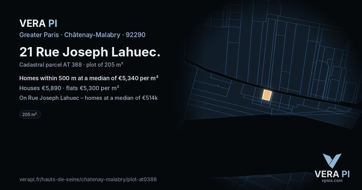 21 Rue Joseph Lahuec, Châtenay-Malabry at night – the plot lit, the parcels around coloured by the prices near them