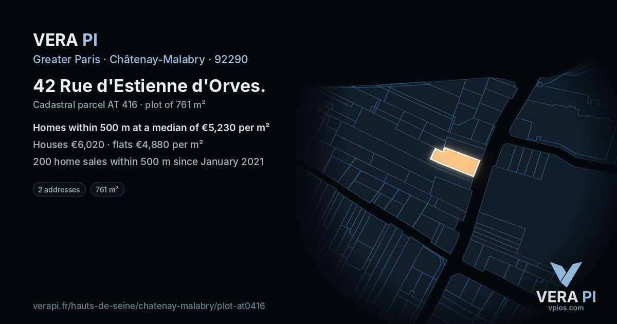 42 Rue d'Estienne d'Orves, Châtenay-Malabry at night – the plot lit, the parcels around coloured by the prices near them
