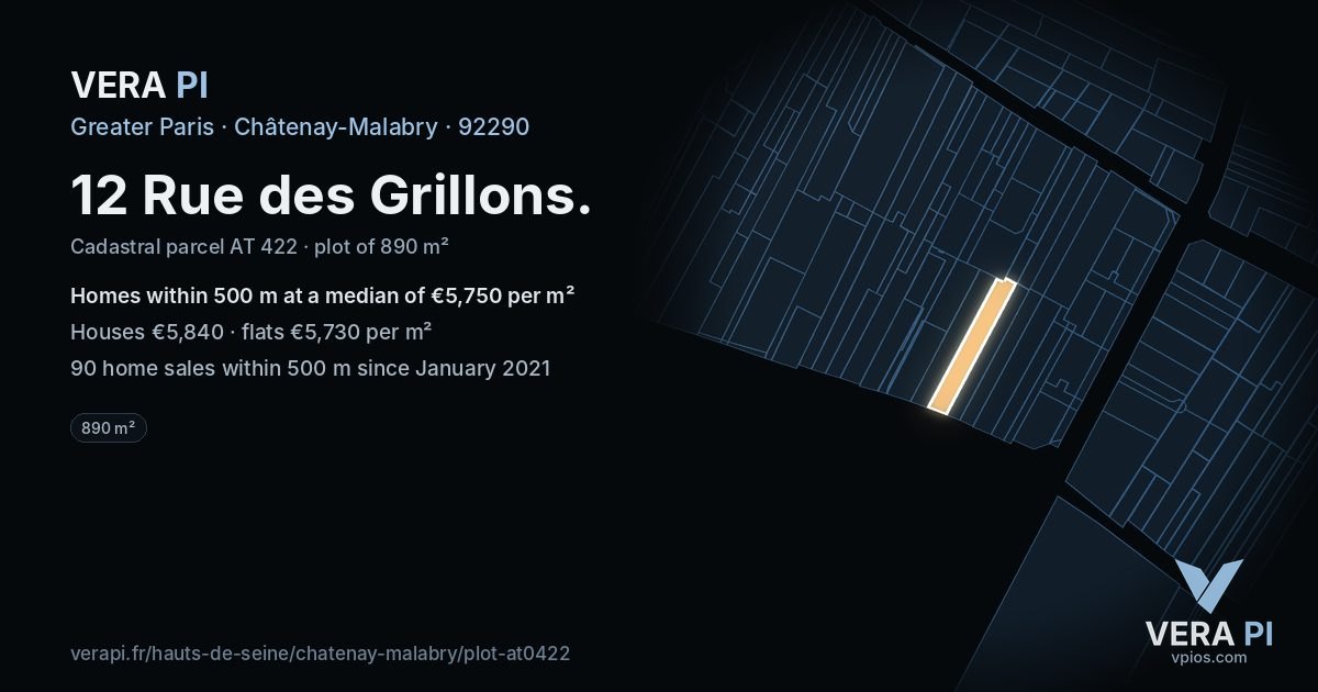 12 Rue des Grillons, Châtenay-Malabry at night – the plot lit, the parcels around coloured by the prices near them