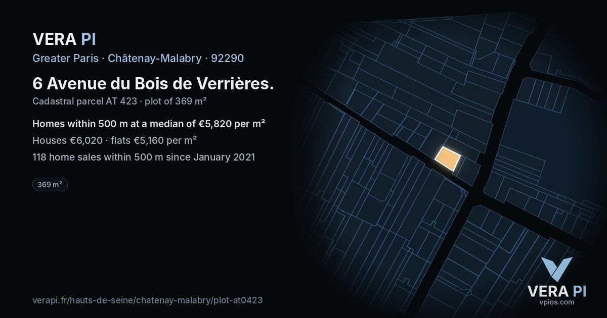 6 Avenue du Bois de Verrières, Châtenay-Malabry at night – the plot lit, the parcels around coloured by the prices near them