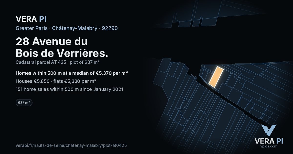 28 Avenue du Bois de Verrières, Châtenay-Malabry at night – the plot lit, the parcels around coloured by the prices near them