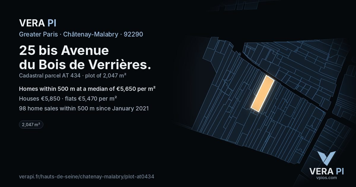 25 bis Avenue du Bois de Verrières, Châtenay-Malabry at night – the plot lit, the parcels around coloured by the prices near them