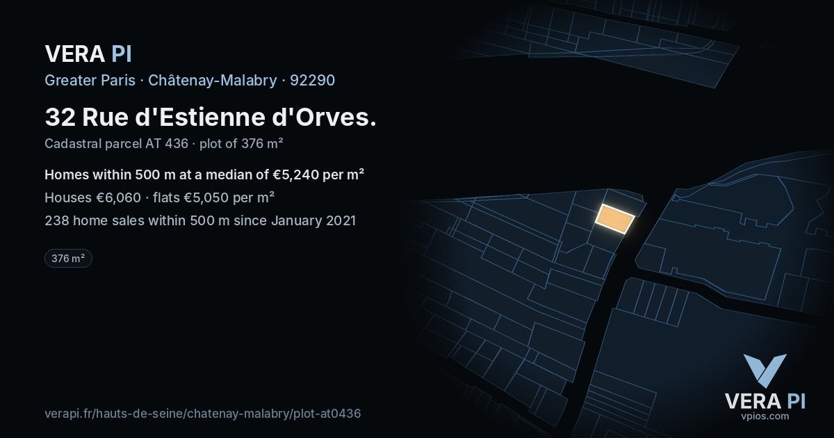 32 Rue d'Estienne d'Orves, Châtenay-Malabry at night – the plot lit, the parcels around coloured by the prices near them