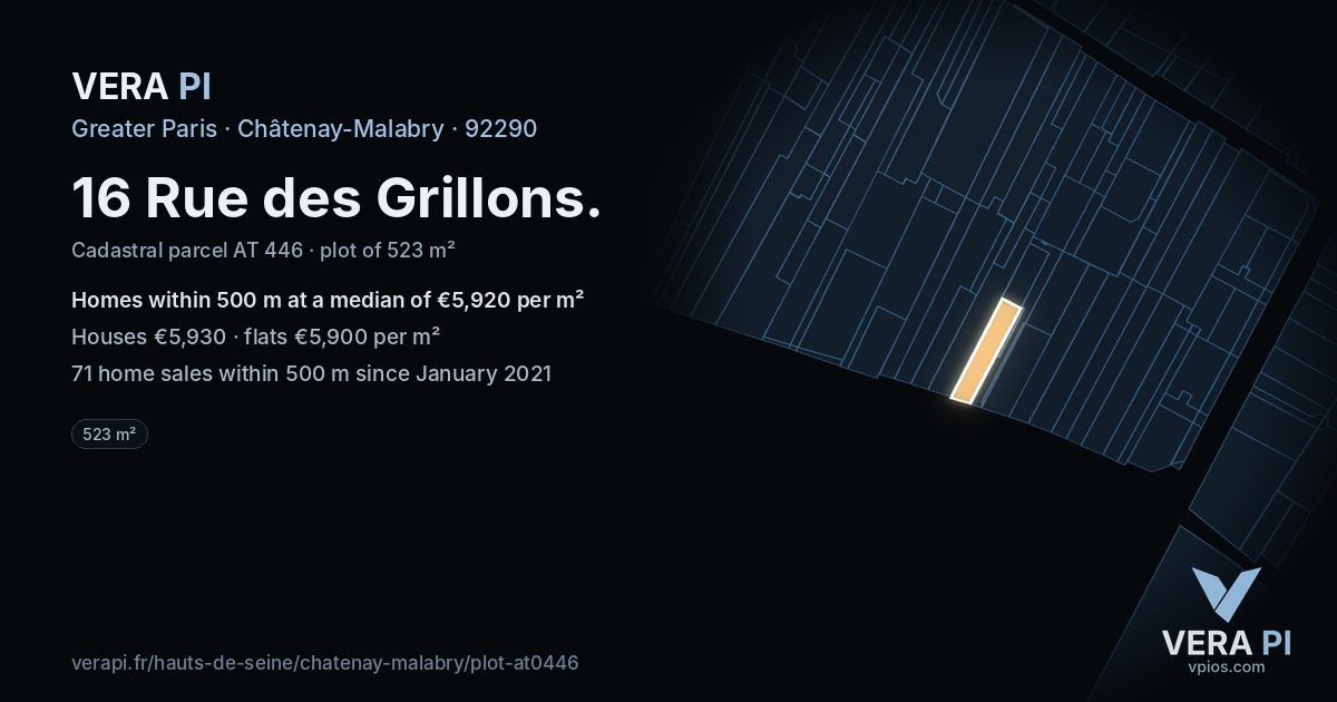 16 Rue des Grillons, Châtenay-Malabry at night – the plot lit, the parcels around coloured by the prices near them