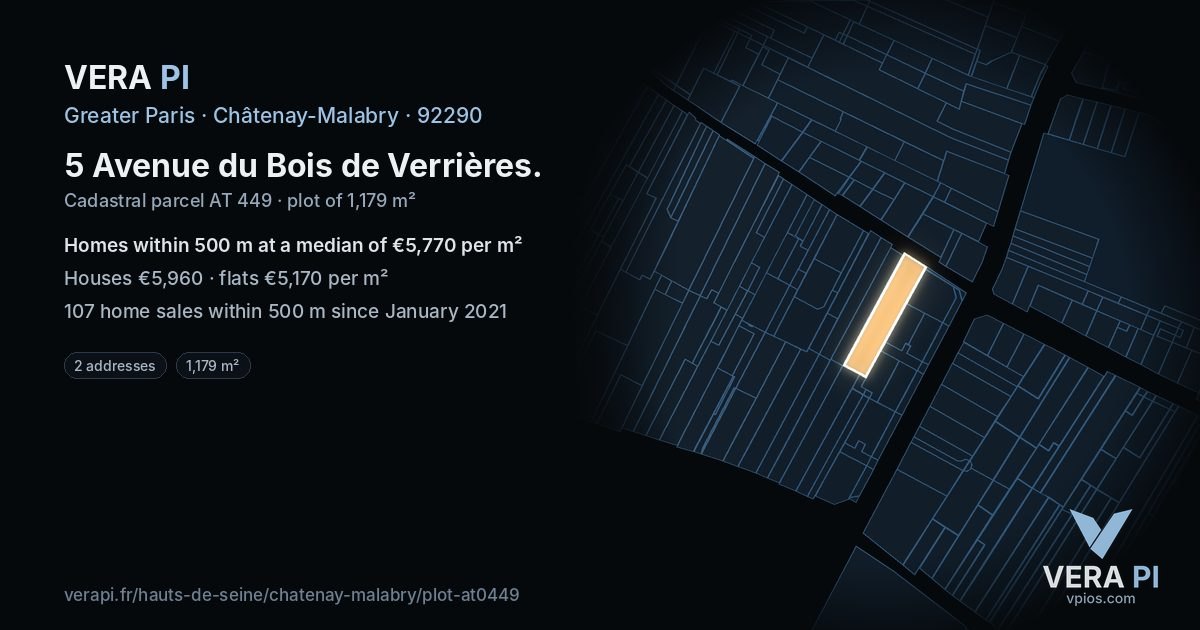 5 Avenue du Bois de Verrières, Châtenay-Malabry at night – the plot lit, the parcels around coloured by the prices near them