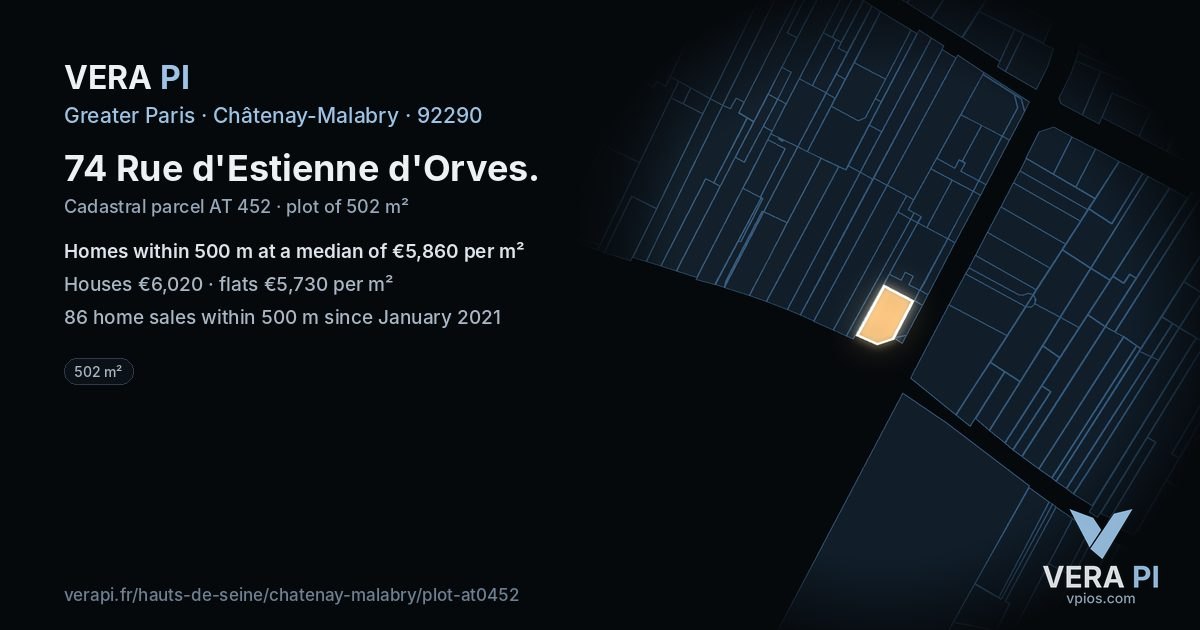74 Rue d'Estienne d'Orves, Châtenay-Malabry at night – the plot lit, the parcels around coloured by the prices near them