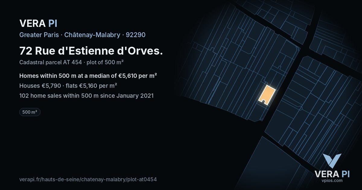 72 Rue d'Estienne d'Orves, Châtenay-Malabry at night – the plot lit, the parcels around coloured by the prices near them