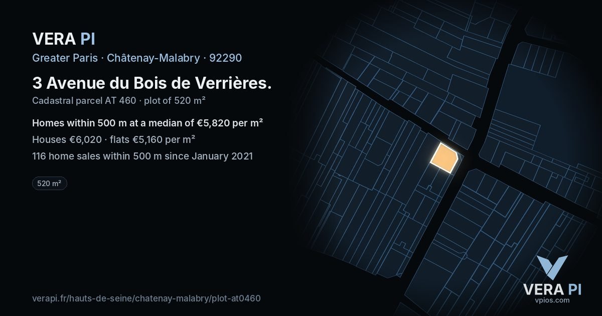 3 Avenue du Bois de Verrières, Châtenay-Malabry at night – the plot lit, the parcels around coloured by the prices near them