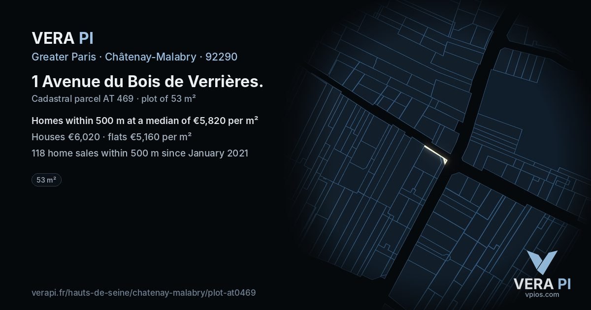 1 Avenue du Bois de Verrières, Châtenay-Malabry at night – the plot lit, the parcels around coloured by the prices near them