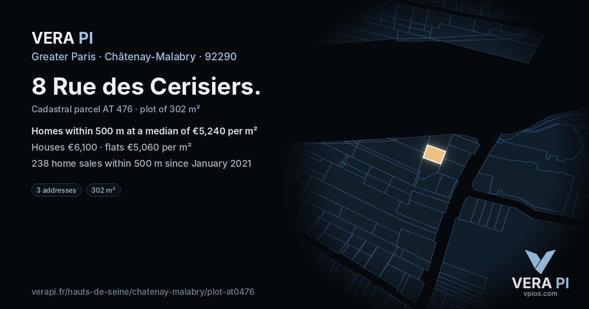 8 Rue des Cerisiers, Châtenay-Malabry at night – the plot lit, the parcels around coloured by the prices near them