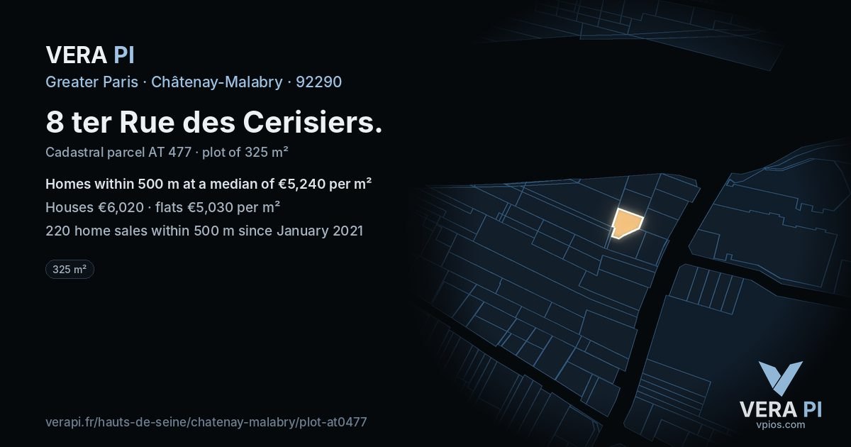 8 ter Rue des Cerisiers, Châtenay-Malabry at night – the plot lit, the parcels around coloured by the prices near them