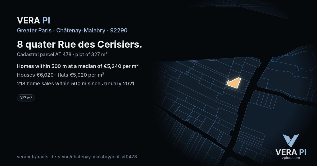 8 quater Rue des Cerisiers, Châtenay-Malabry at night – the plot lit, the parcels around coloured by the prices near them