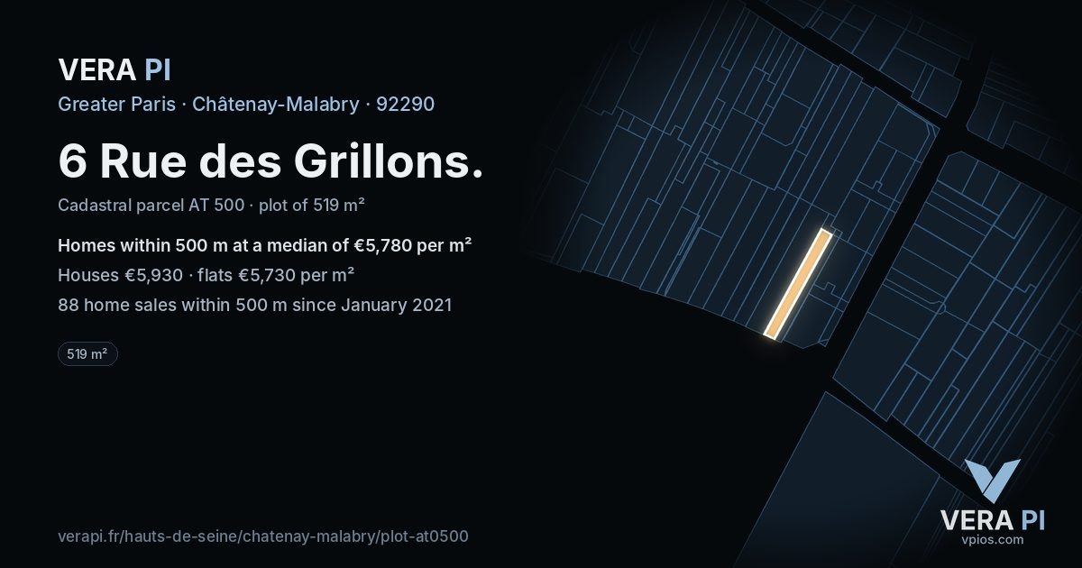 6 Rue des Grillons, Châtenay-Malabry at night – the plot lit, the parcels around coloured by the prices near them