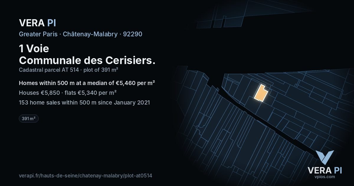 1 Voie Communale des Cerisiers, Châtenay-Malabry at night – the plot lit, the parcels around coloured by the prices near them