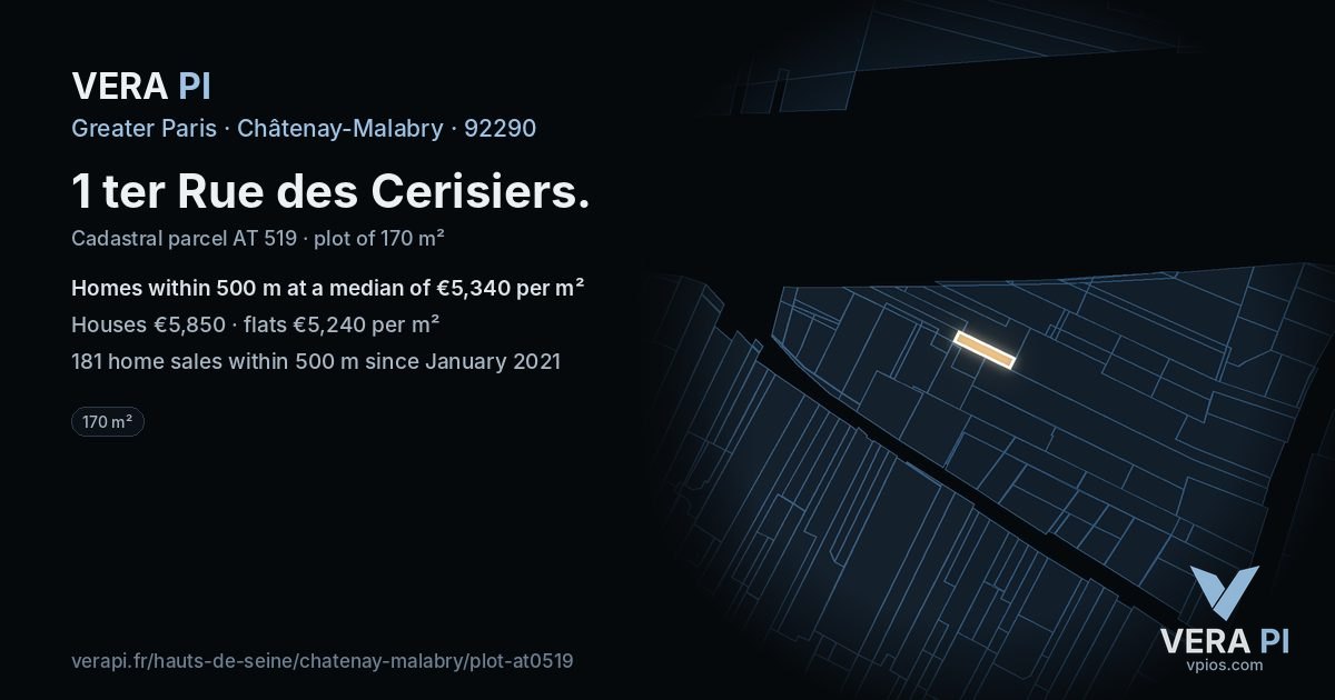 1 ter Rue des Cerisiers, Châtenay-Malabry at night – the plot lit, the parcels around coloured by the prices near them
