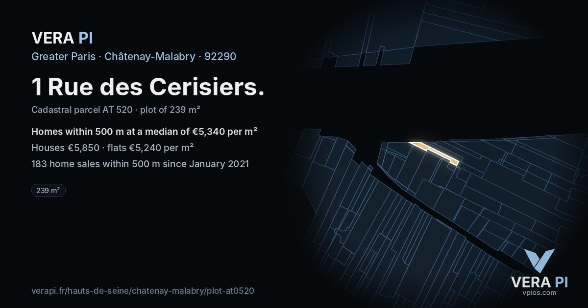 1 Rue des Cerisiers, Châtenay-Malabry at night – the plot lit, the parcels around coloured by the prices near them
