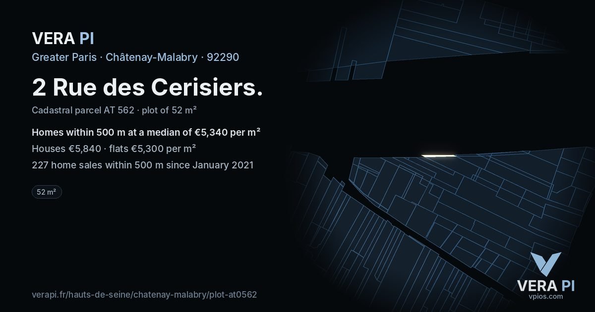 2 Rue des Cerisiers, Châtenay-Malabry at night – the plot lit, the parcels around coloured by the prices near them