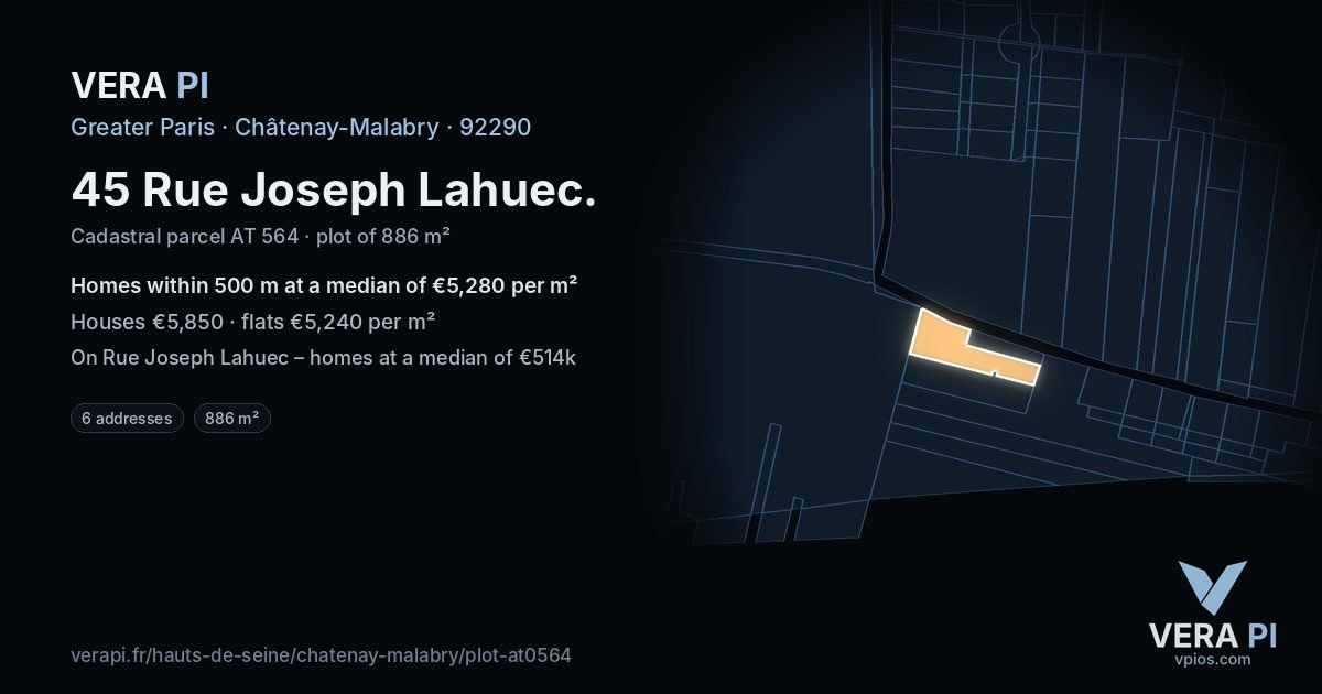 45 Rue Joseph Lahuec, Châtenay-Malabry at night – the plot lit, the parcels around coloured by the prices near them