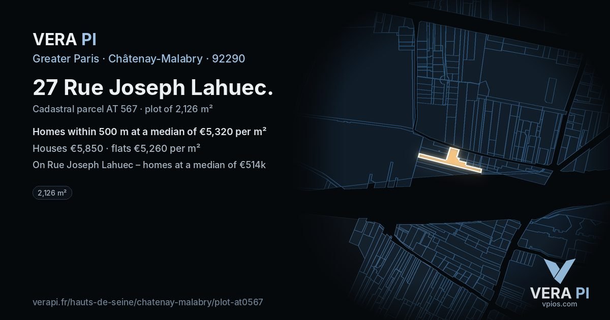 27 Rue Joseph Lahuec, Châtenay-Malabry at night – the plot lit, the parcels around coloured by the prices near them