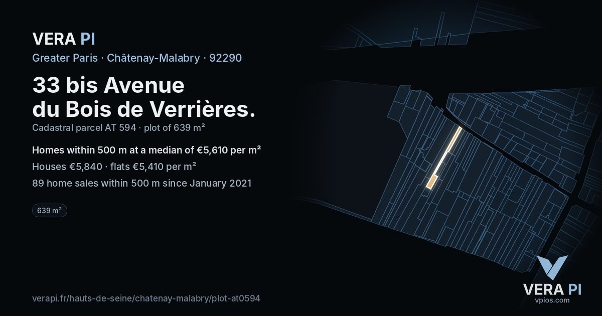 33 bis Avenue du Bois de Verrières, Châtenay-Malabry at night – the plot lit, the parcels around coloured by the prices near them