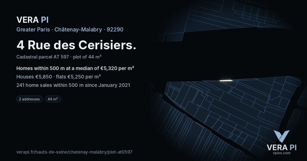 4 Rue des Cerisiers, Châtenay-Malabry at night – the plot lit, the parcels around coloured by the prices near them