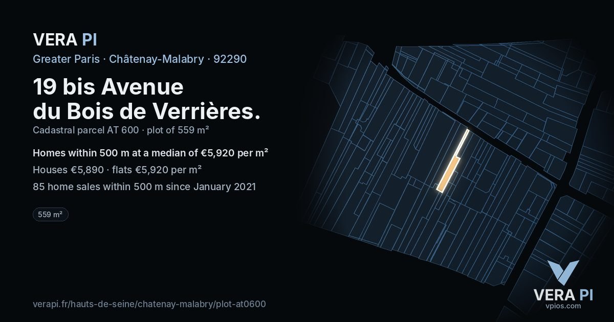 19 bis Avenue du Bois de Verrières, Châtenay-Malabry at night – the plot lit, the parcels around coloured by the prices near them