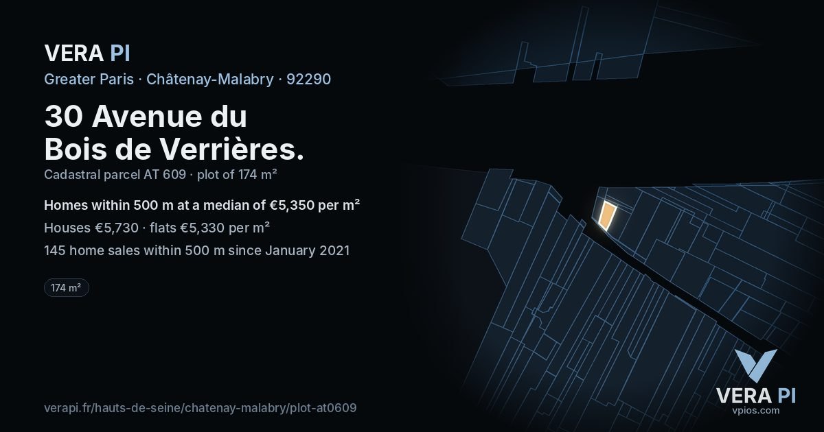 30 Avenue du Bois de Verrières, Châtenay-Malabry at night – the plot lit, the parcels around coloured by the prices near them