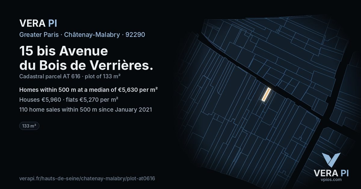 15 bis Avenue du Bois de Verrières, Châtenay-Malabry at night – the plot lit, the parcels around coloured by the prices near them