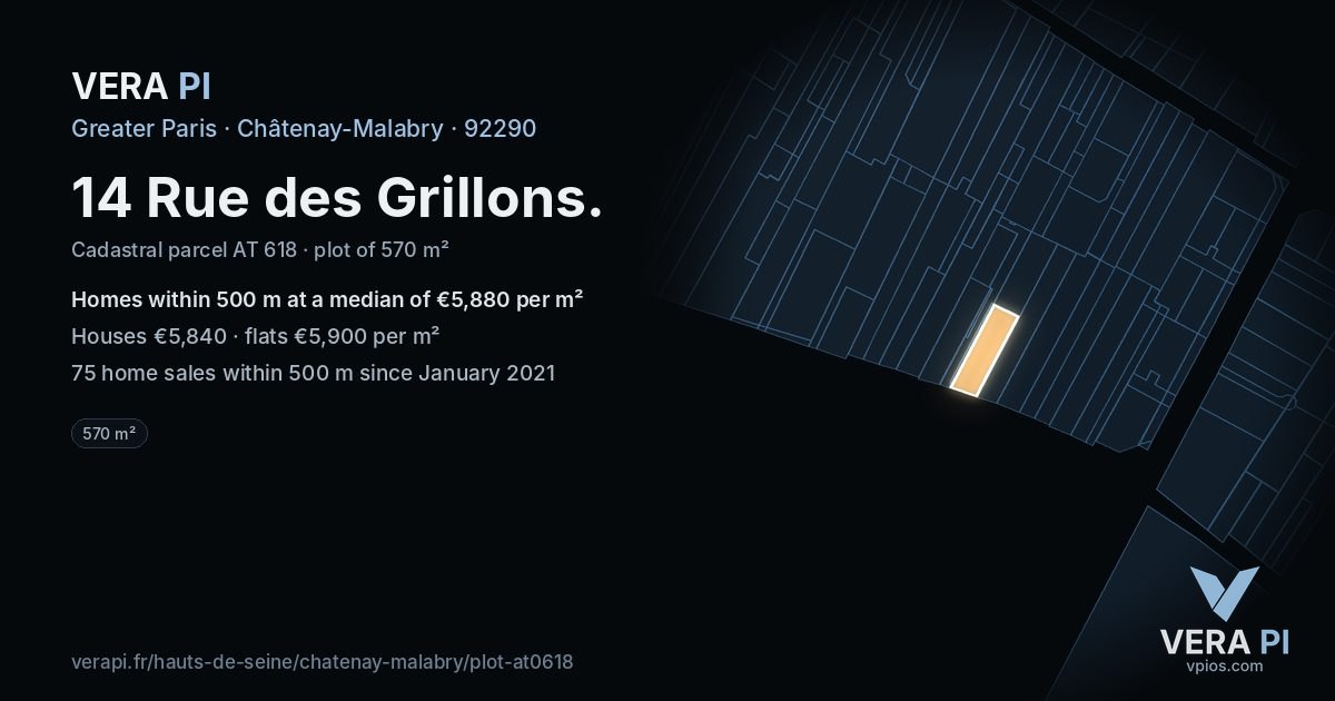 14 Rue des Grillons, Châtenay-Malabry at night – the plot lit, the parcels around coloured by the prices near them