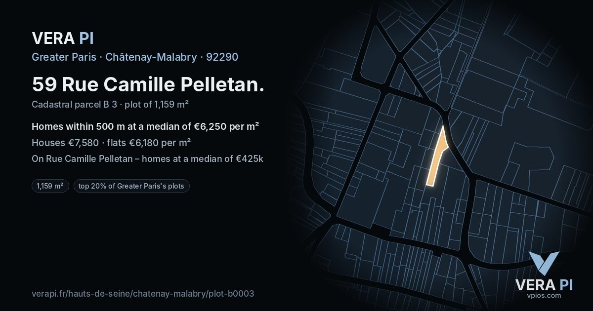 59 Rue Camille Pelletan, Châtenay-Malabry at night – the plot lit, the parcels around coloured by the prices near them