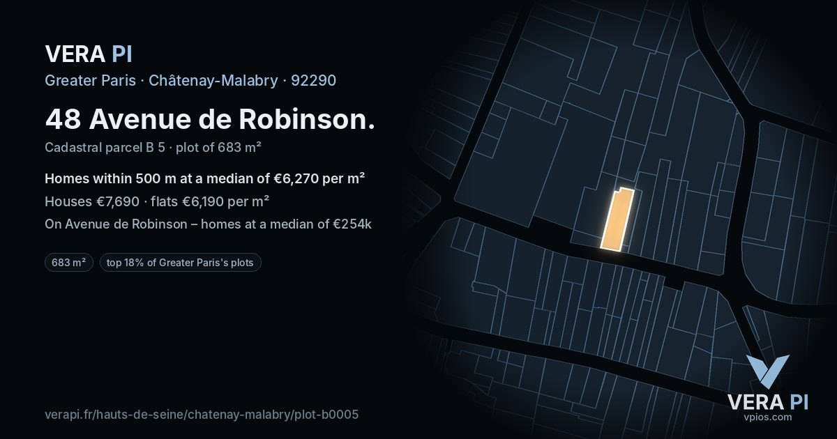 48 Avenue de Robinson, Châtenay-Malabry at night – the plot lit, the parcels around coloured by the prices near them