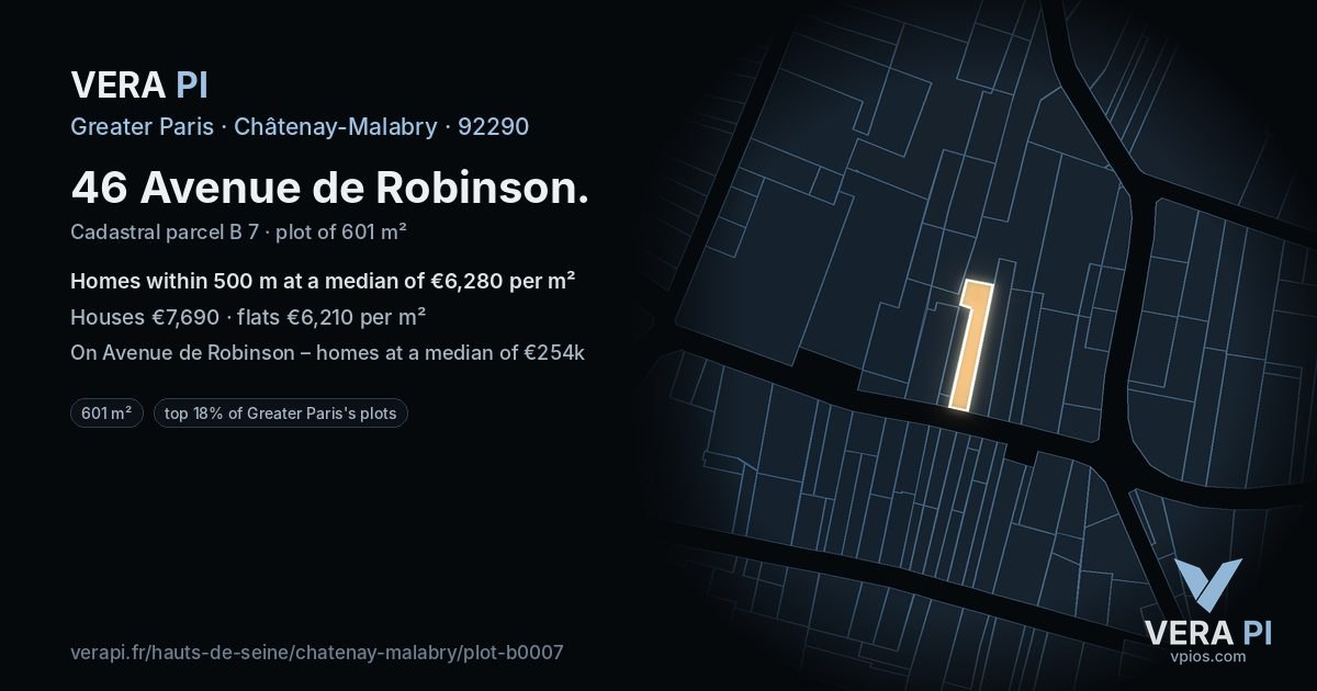 46 Avenue de Robinson, Châtenay-Malabry at night – the plot lit, the parcels around coloured by the prices near them