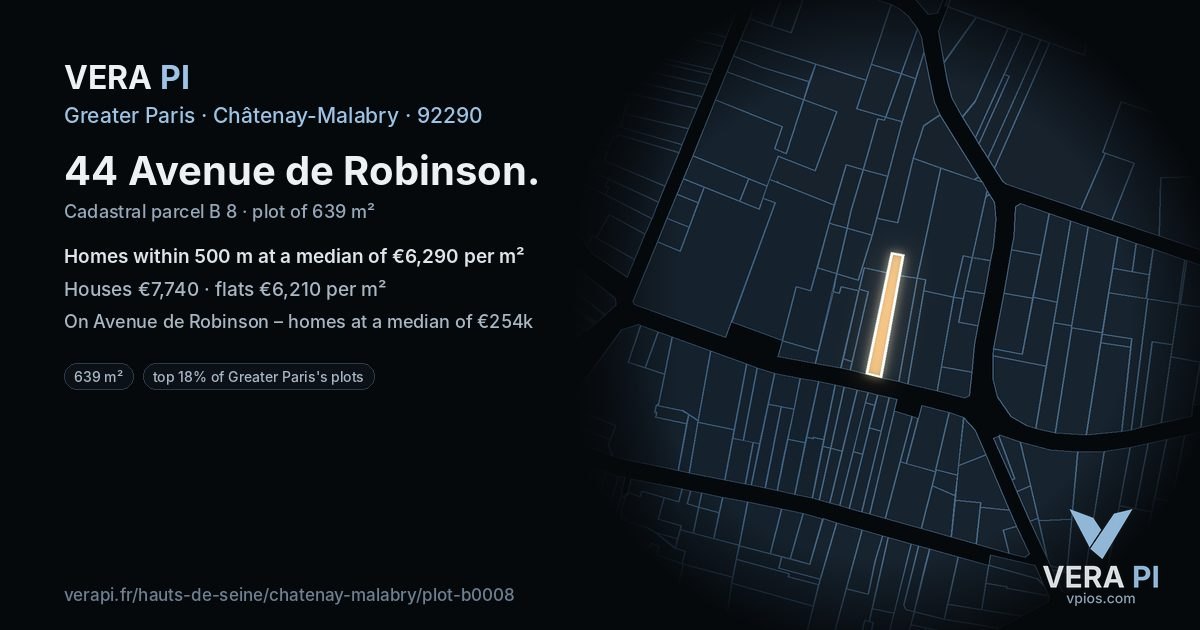 44 Avenue de Robinson, Châtenay-Malabry at night – the plot lit, the parcels around coloured by the prices near them